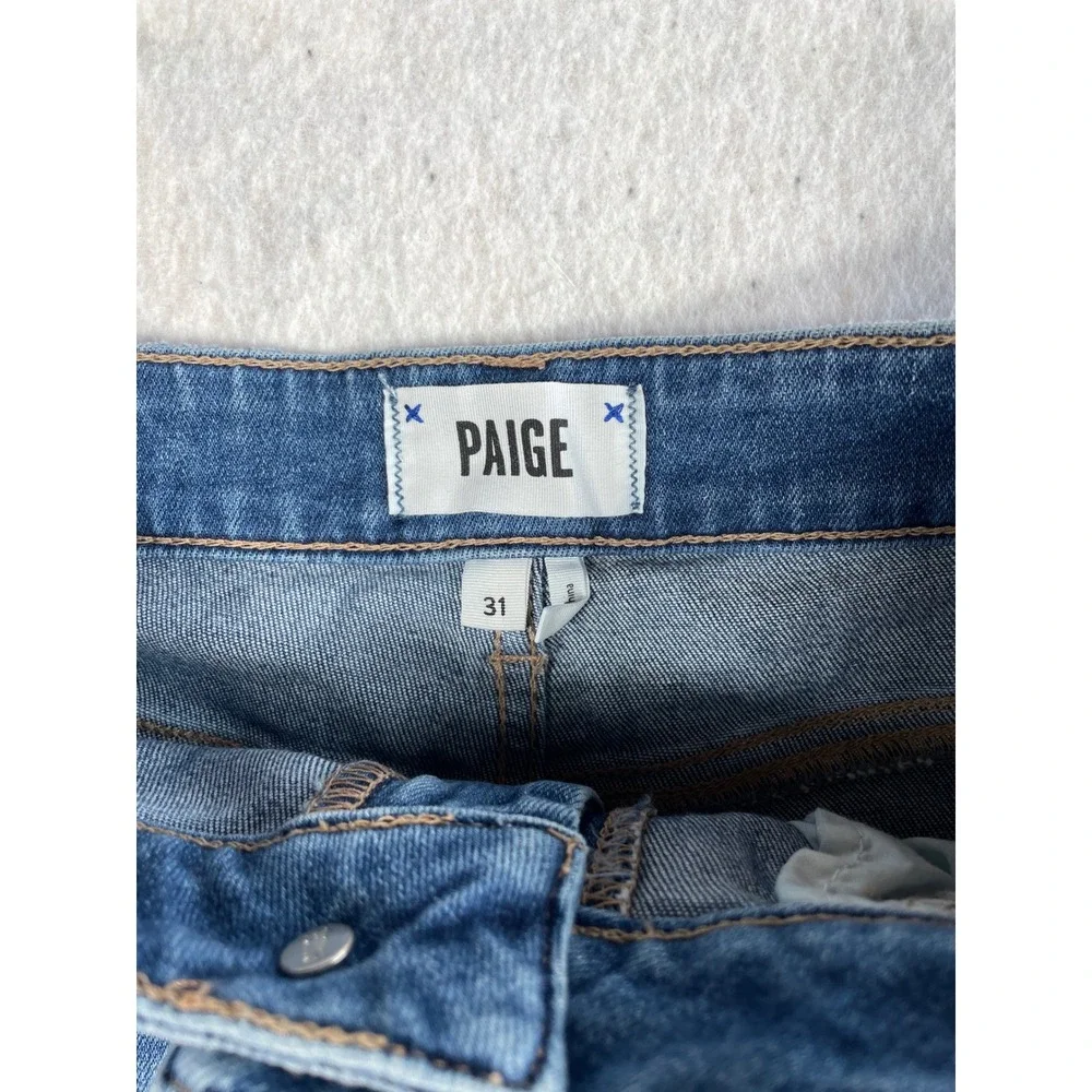 PAIGE Margot High Rise Denim Shorts Medium Wash Raw Hem Blue Size 31